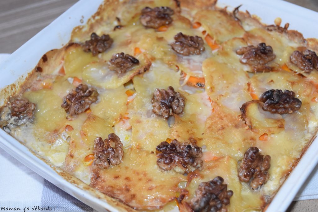 Gratin de pomme de terre, carotte et noix