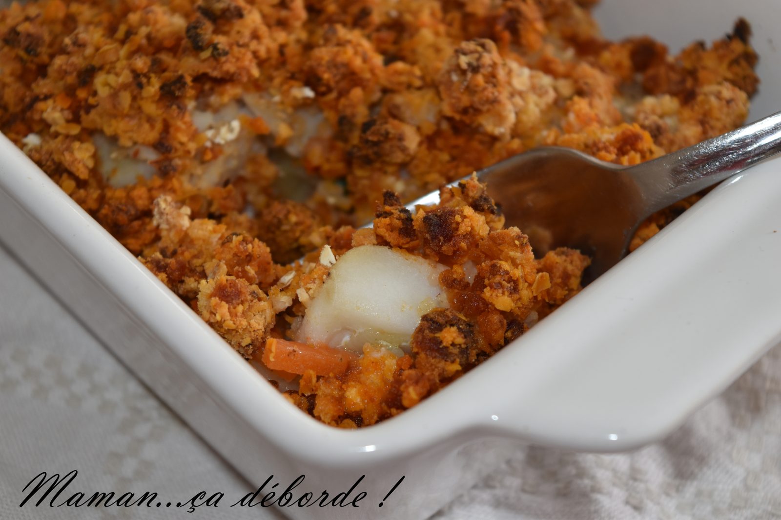 Filet de cabillaud sur sa julienne de légumes et crumble de chorizo